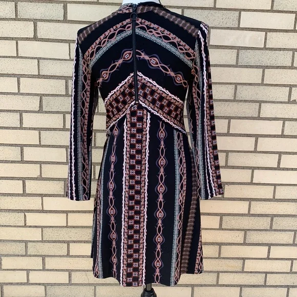 Free People Stella Black Patterned Mock Neck Lined Mini Dress - Picture 5 of 11